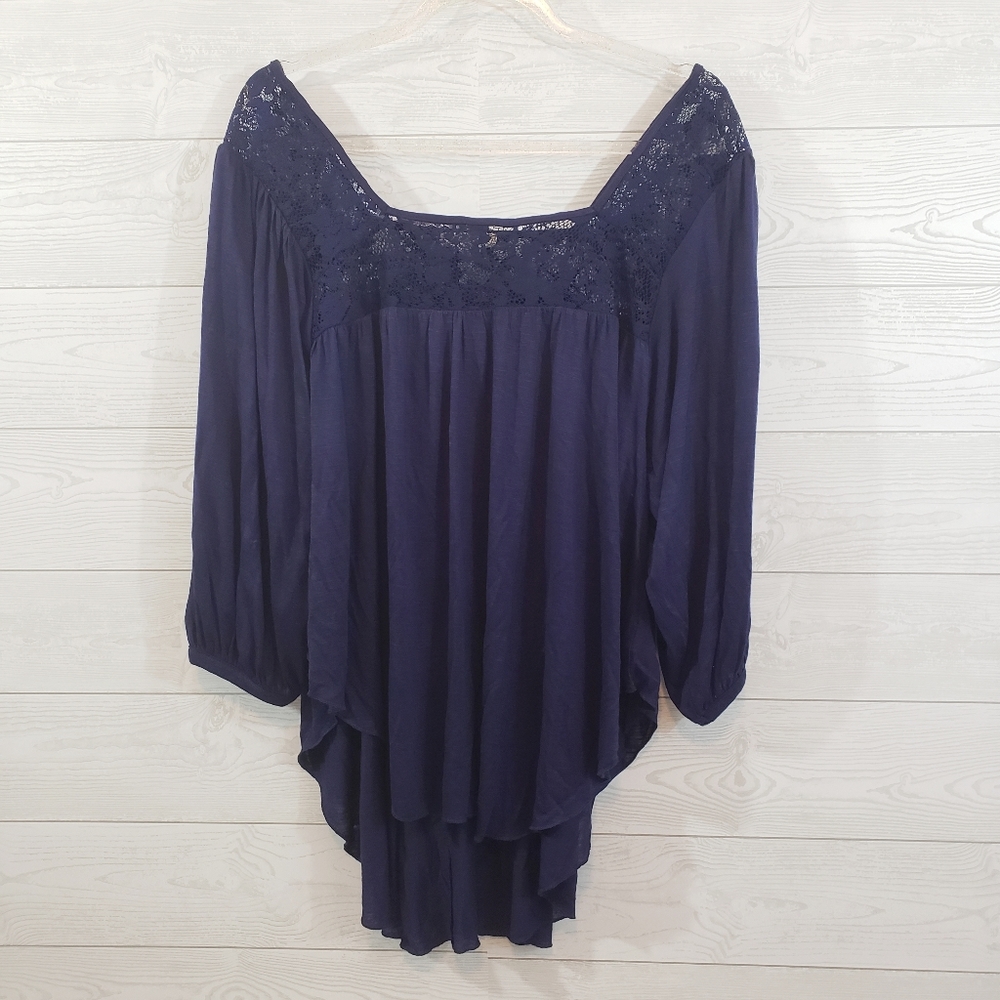 Paper + Tee Navy Lace Square Neck Blouse